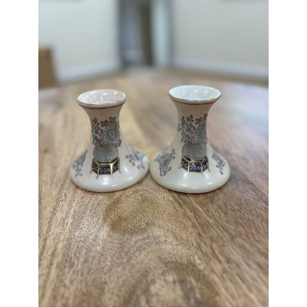 Set Of Two (2) Vintage Toyo Hand Painted In Macau Ceramic Taper Candle Holders